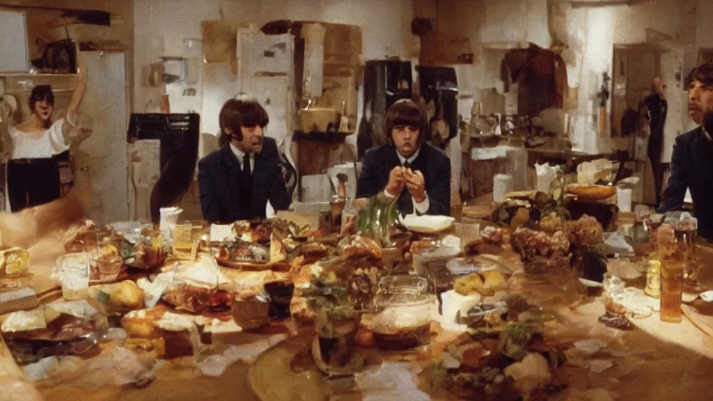 Prompt: The Beatles!!! drown in honey! in the kitchen, film still from the movie directed by Denis Villeneuve with art direction by Salvador Dalí, wide lens