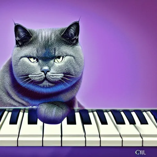 Prompt: portrait of a grey british shorthair cat sitting on wavy piano keyboard with musical notes in the background detailed colorful blue purple cyan luminescent airbrush oil painting in 4 k