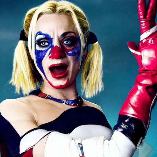 Image similar to A still of Kaley Cuoco as Harley Quinn