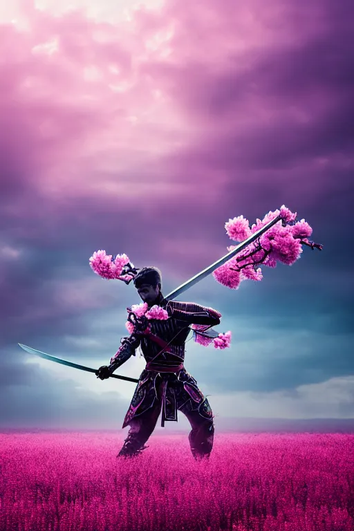 Image similar to illustration cinematic humanoid dragon yielding katana in a field of pink flowers, highly detailed digital art masterpiece, smooth vitaly bulgarov eric zener dramatic blue light, ground angle uhd 8 k, sharp focus