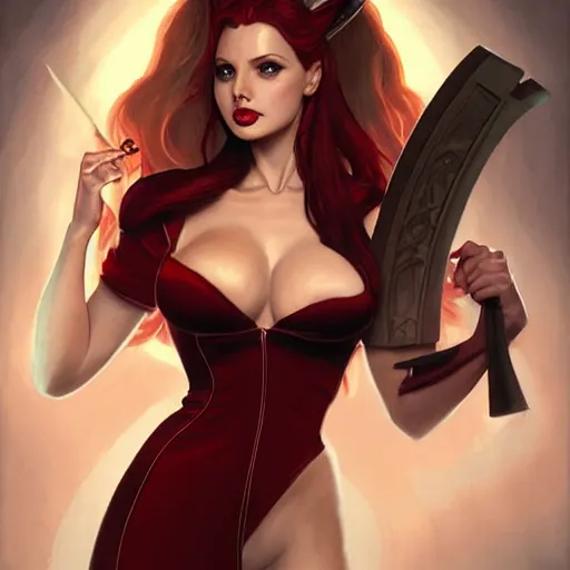 Image similar to buffy the vampire slayer dressed as jessica rabbit holding a large wooden stake, intricate, elegant, highly detailed, digital painting, artstation, concept art, matte, sharp focus, illustration, in the style of magic the gathering, art by artgerm and greg rutkowski and alphonse mucha