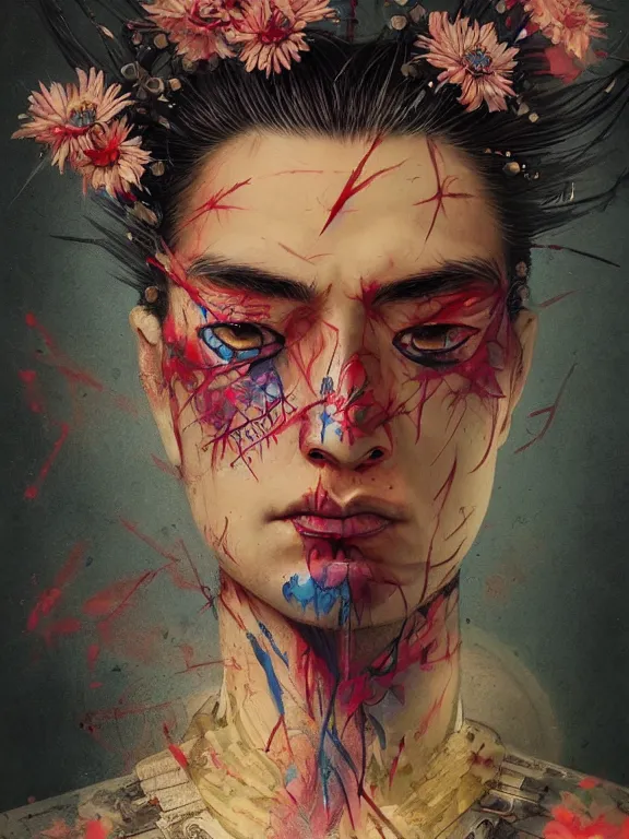 Image similar to art portrait of samurai with flowers for eyes,by tristan eaton,Stanley Artgermm,Tom Bagshaw,Greg Rutkowski,Carne Griffiths,trending on DeviantArt,face enhance,chillwave,minimalist,cybernetic, android, blade runner,full of colour,