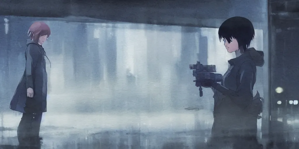 Image similar to incredible wide screenshot, ultrawide, simple watercolor, rough paper texture, ghost in the shell movie scene, backlit distant shot of girl in a parka