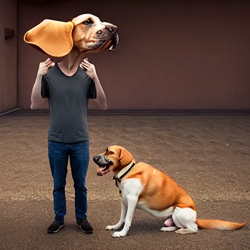 Image similar to photograph of a man with a dog head begging for food, 8k resolution, high detail, ULTRA REALISTIC VFX, reflections