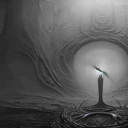 Image similar to Vicariously!!! I, live while the whole world dies, ultra realist soft painting of the world of Lovecraft Elden Ring and Giger, very intricate details, ultra dense fog, golden ratio, volumetric black and white lighting, reflections, refractions, symmetry accurate, octane render