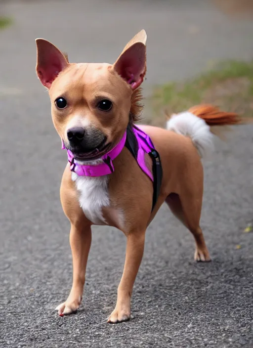 Prompt: fully grown tan pit bull, long - haired chihuahua, pomeranian mix, wearing a pink harness