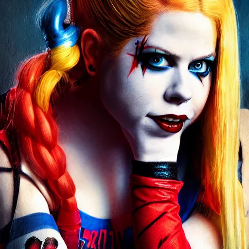 Prompt: detailed photograph of avril lavigne as harley quinn with stockings, 8 k, by greg rutkowski, artgerm, global illumination