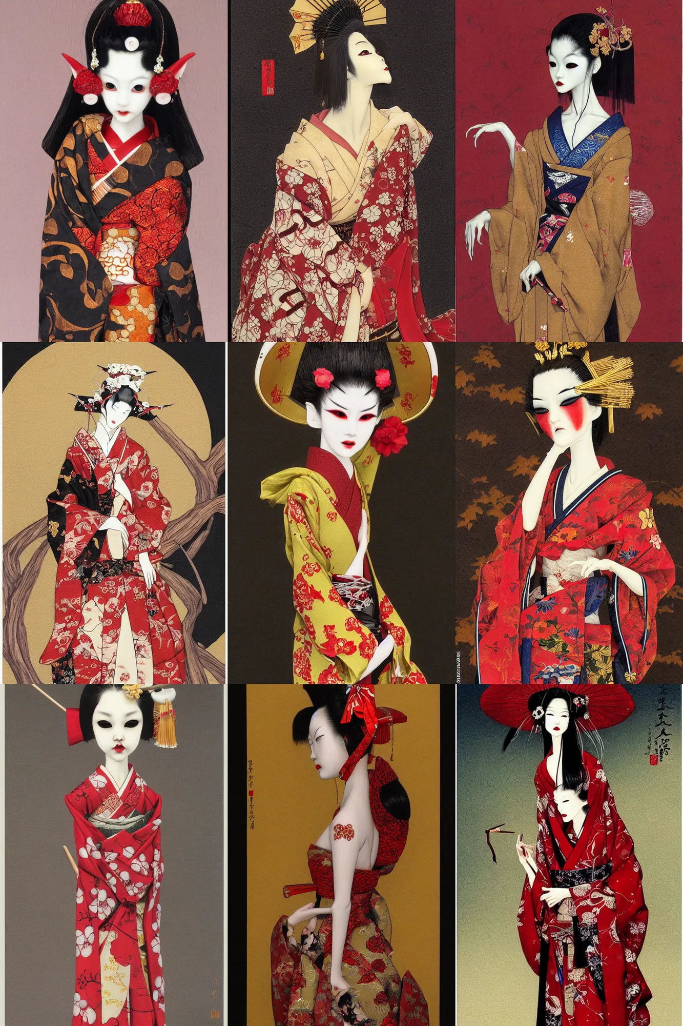 Prompt: painting of a japanese bjd geisha vampire with a long neck by brain froud, dave dorman, takato yamamoto in the style of dark - fantasy, red, gold, black