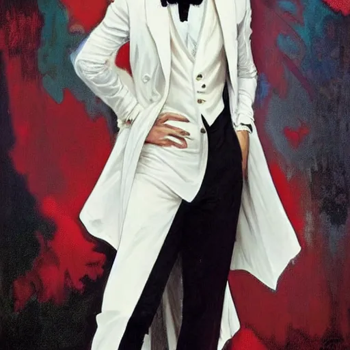 Image similar to beautiful portrait of androgynous ruby rose as desire from sandman in a white tuxedo!!!, rockabilly style, by alphonse mucha, cedric peyravernay, by jeremy mann, by frank moth, white suit and black tie, soft lightning, high detailed, 8 k