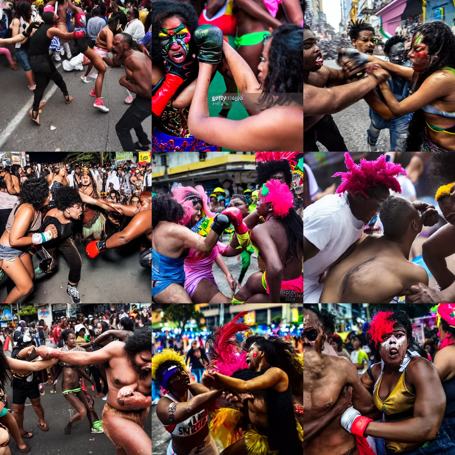 Prompt: racist man being punched by angry women during carnival in rio de janeiro, dark colors, hyperrealistic, high detail, low contrast, 8 k,