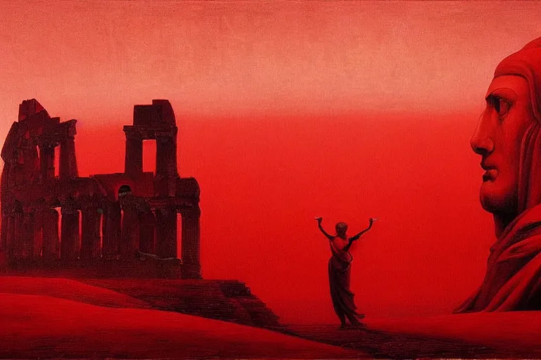 Image similar to only with red, caesar after war, the deal, a red tiger, in hoc signo vinces, rome in background, an ancient path, in the style of beksinski, part by hopper, part by rodcenko, part by hofbauer, intricate composition, red by caravaggio, insanely quality, highly detailed, masterpiece, red light, artstation