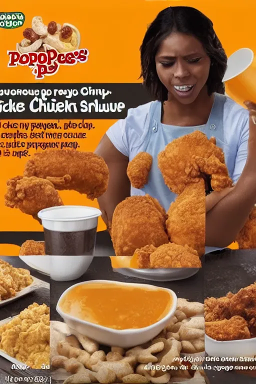 Image similar to an advertisement for popeyes new chicken, called chicken poop manure, smelly, shitty, stinky, poop sauce included!