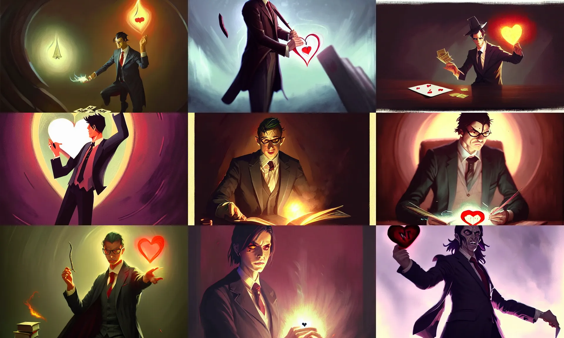 Prompt: accountant in suit casting spells with the heart of the cards, by greg rutkowski