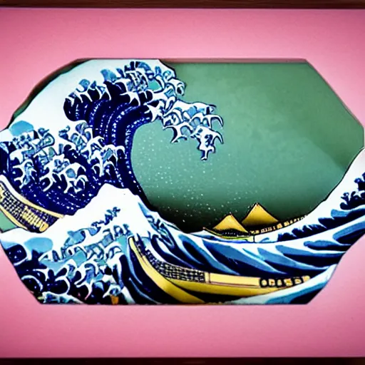 Image similar to carved diorama of The Great Wave off Kanagawa with pink lava and fire, carved out of transparent marble with celadon glaze:: Diorama:: Symmetrical, Isometric camera, wide angle:: Translucent, Iridescent, Ray Tracing Reflections, Harris Shutter, SFX, insanely detailed and intricate, hypermaximalist, elegant, ornate, ultra-realistic, HD Octane Render, 3d, masterpiece