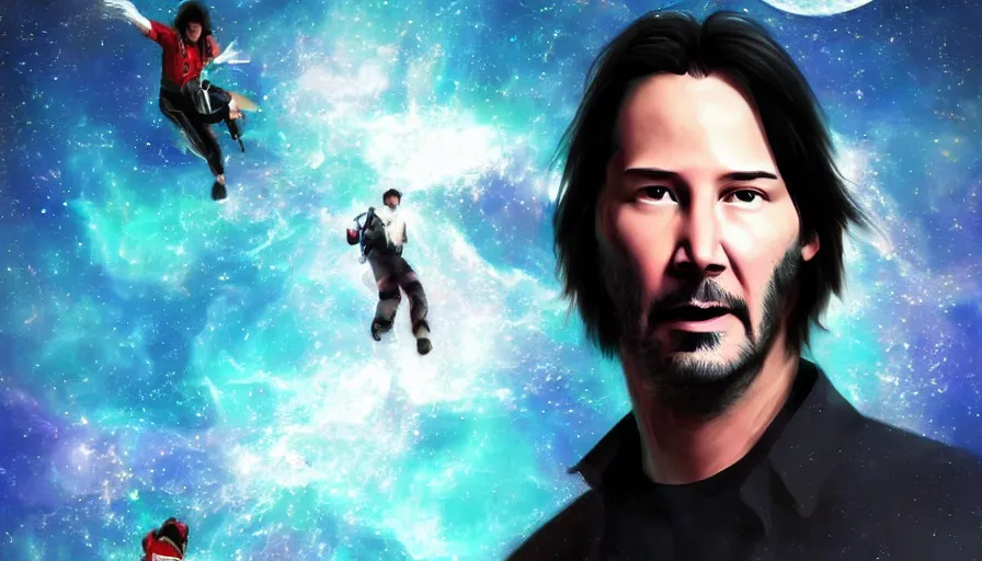 Image similar to Keanu reeves floating in space with extatic facial expression, digital art, artstation, artgem