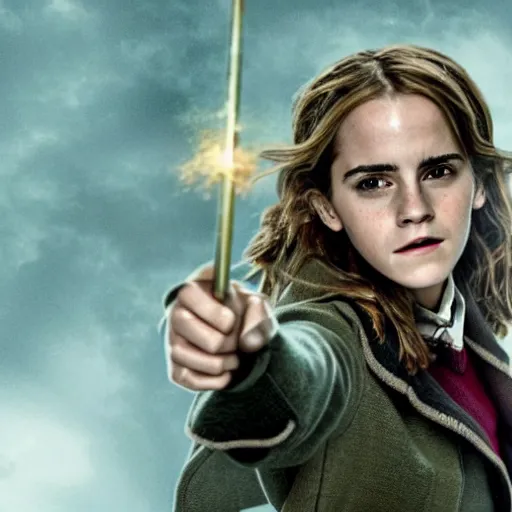 Prompt: Photo of Emma Watson as Hermione Granger using a tank in Hogwarts