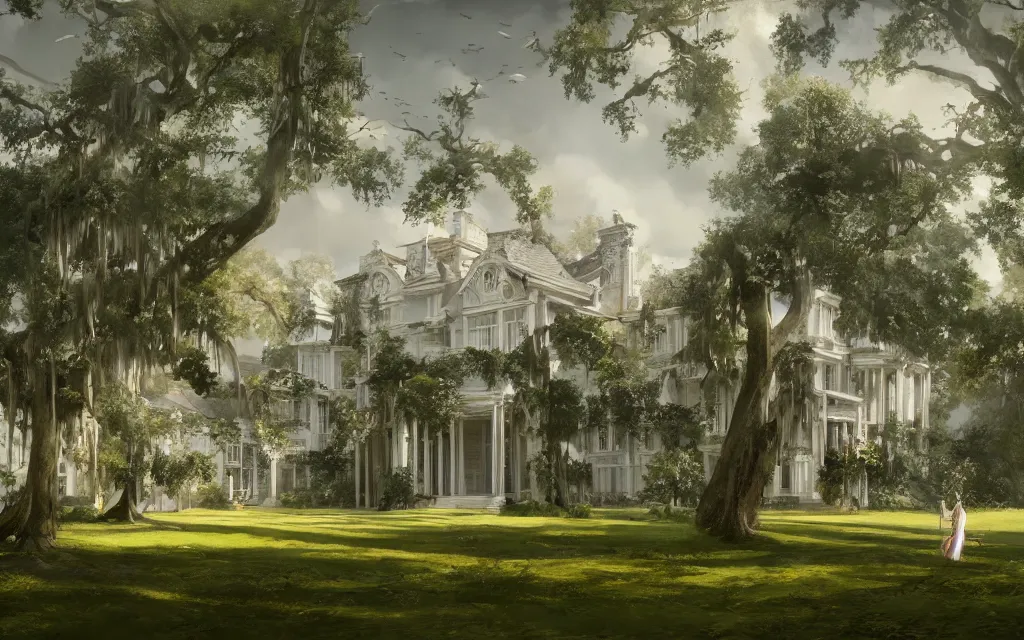 Image similar to a southern plantation, ornate large white manor house, long tree-lined driveway, romanticism, hyperdetailed, artstation, cgsociety, 8k, masterpiece