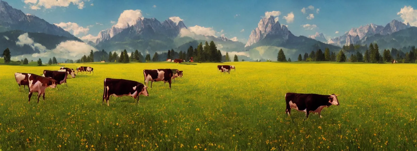 Image similar to a ultra photorealistic and sharp film still of an a sunny and colourful open field in 1 9 0 0 in the middle of the bavarian alps, germany. cows. wide shot, wes anderson, studio ghibli, pixar and disney animation, octane render, anime key art by greg rutkowski, dramatic lighting, award winning photography