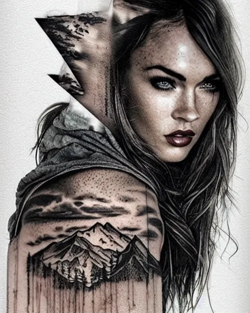Prompt: megan fox face blended in beautiful mountain scenery, double exposure effect, medium sized tattoo sketch, amazing detail, trending on pinterest, in the style of brandon kidwell