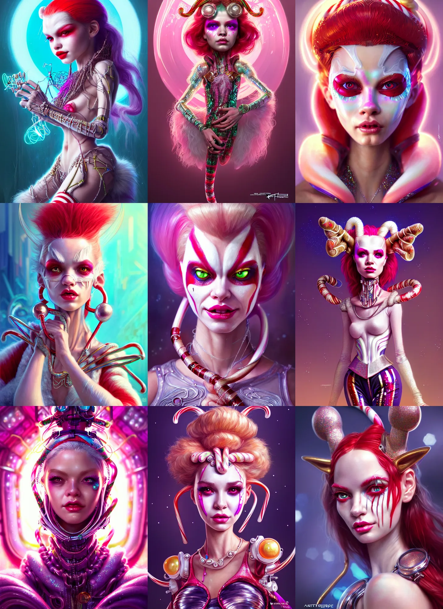 Prompt: disney weta portrait, soft lustrous biotech raver white clowncore candy cane cyborg, bling, hi - fructose, sci - fi fantasy cyberpunk intricate decadent highly - detailed digital painting, ever after high, octane render, artstation, concept art, smooth, sharp focus, illustration, art by artgerm, mucha, loish, wlop