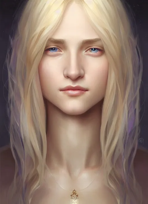 Prompt: symmetrical beautiful face, portrait of young woman blessed by god with ever - increasing physical and mental perfection, blonde hair, perfect face!! intricate, elegant, highly detailed, vision of holy perfection!! smile, digital painting, artstation, concept art, smooth, sharp focus, illustration, art by artgerm and greg rutkowski and alphonse mucha