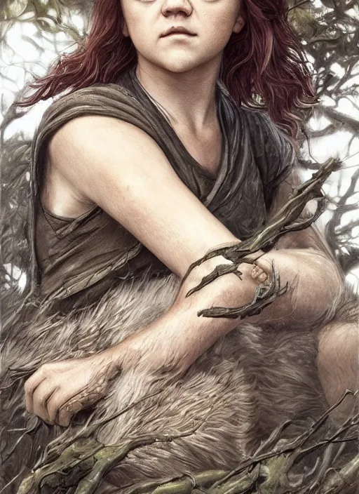 Image similar to tired Maisie Williams taking a rest under a tree after an long adventure a ruggedly muscled handsome heroine, intricate, elegant, highly detailed, centered, digital painting, artstation, concept art, smooth, sharp focus, illustration, artgerm, donato giancola, Joseph Christian Leyendecker, WLOP, Artgerm, thunder storm