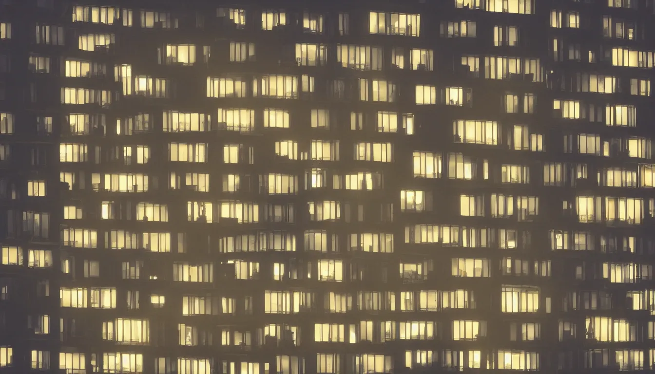 Image similar to Spying into the windows of a small tower block from outside , observing the private lives of the human inhabitants, volumetric lighting shines through the misty nighttime sky , full color