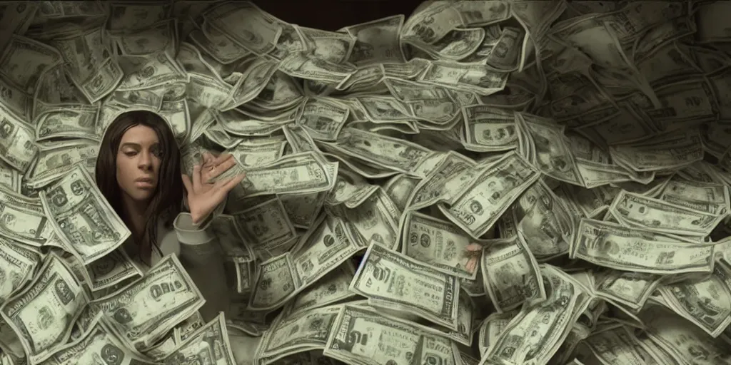 Image similar to a film still of cash money piling up in a vault, shallow depth of field, cinematic, award winning cgi, vfx, film still cfg _ scale : 1 5. 0