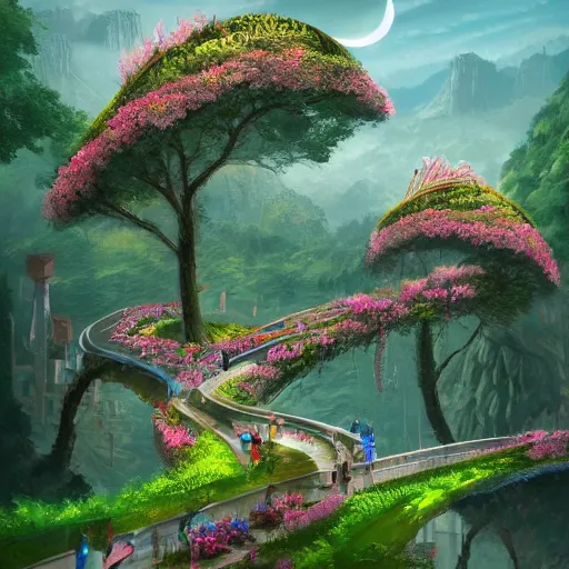 Prompt: a beautiful nature civilization, fancy, flowers, bridges, nature city, people, tree houses, trending on artstation, behance, deviantart