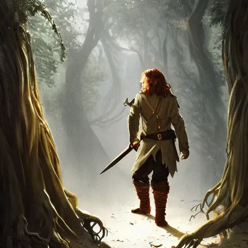 Prompt: A beautiful digital painting of a 30 year old hobbit dressed as a hobbit in the mirkwood forrest holding sting the sword looking at the camera by Stanley Artgerm Lau, frank frazetta, Rossdraws, James Jean, gerald brom, Andrei Riabovitchev, Marc Simonetti, and Sakimichan, trending on artstation, SFW version