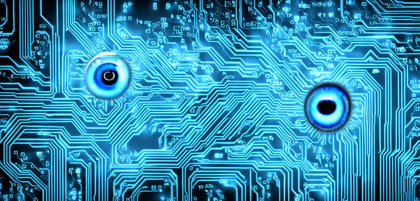 Image similar to a computer circuit board with a blue eye, a computer rendering by karl ballmer, pixabay contest winner, computer art, creative commons attribution, quantum wavetracing, future tech