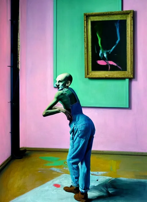 Image similar to an insane, skinny, artist wearing overalls, expressive painting the walls inside a grand messy studio, hauntingly surreal, highly detailed painting by francis bacon, edward hopper, adrian ghenie, gerhard richter, and james jean, soft light 4 k in pink, green and blue colour palette, cinematic composition,