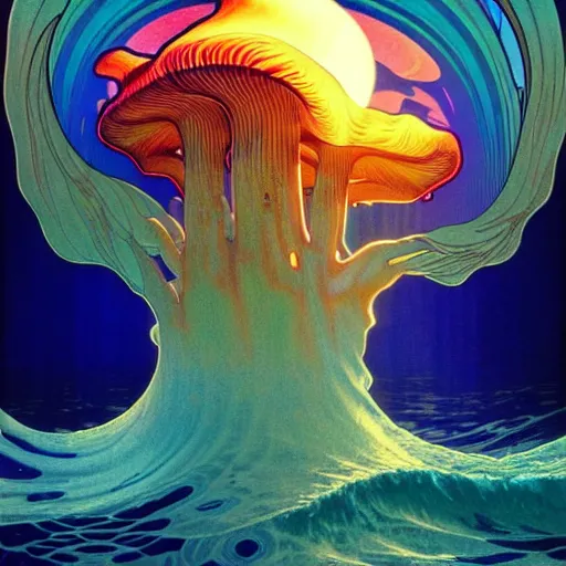 Image similar to ocean wave around giant psychedelic mushroom, lsd water, dmt ripples, backlit, sunset, refracted lighting, art by collier, albert aublet, krenz cushart, artem demura, alphonse mucha