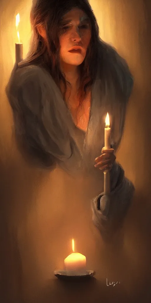 Prompt: Lupe Fuentesl close to a candle in dark room, prison, dramatic light, highly detailed, digital painting, artstation, concept art