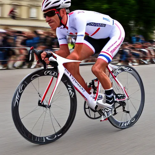 Image similar to modern road bicycle made from bacon, ridden at the champs elysees at the tour de france, high detail sports photography