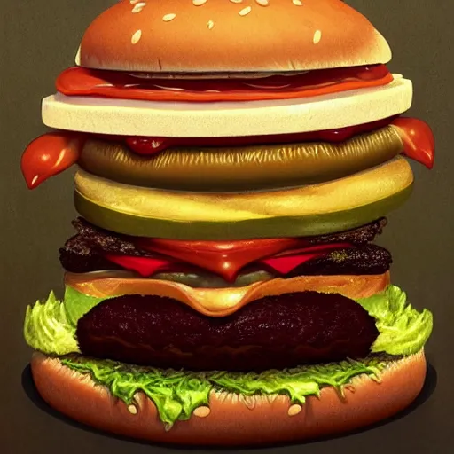 Prompt: a monster with a hamburger head, hamburger face, burger with human eyes in top bun, burger with a mouth, teeth between bread and patty, character concept art, fantasy, dnd, intricate, fantasy drawing, illustration, highly detailed, hyperrealistic, cgsociety, artstation, oil painting by greg rutkowski and david lynch