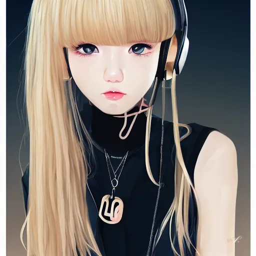 Prompt: realistic beautiful gorgeous natural cute Blackpink Lalisa Manoban blonde hair cute fur blonde cat ears, wearing camisole, wearing headphones, wearing black leather choker artwork drawn full HD 4K highest quality in artstyle by professional artists WLOP, Taejune Kim, Guweiz on Artstation Pixiv