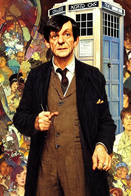 Prompt: The Second Doctor standing next to the TARDIS, portrait by Stanley Artgerm Lau, greg rutkowski, thomas kindkade, alphonse mucha, loish, norman Rockwell