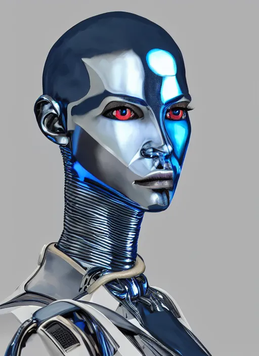 Prompt: angled facial portrait of a cyberpunk bone ceramic caliente humanoid robot Brasileiro with an attractive face and handsome features, large blue laser eyes, macho, piroca, dotado, guapo, reflective surface, trending on cgsociety, trending on artstation