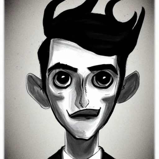 Image similar to young man portrait, black hair, skinny, sleep deprived, corpse bride art style