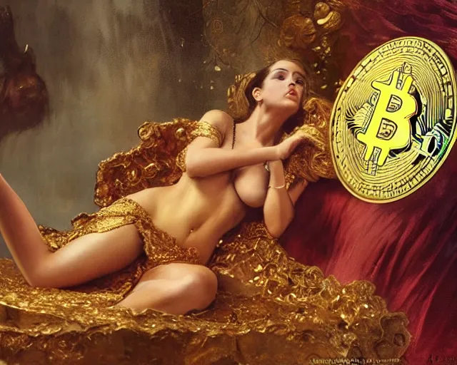 Prompt: attractive woman with grand bosom, posing in front of a huge golden bitcoin, commercial by annie liebovitz, gaston bussiere, craig mullins, j. c. leyendecker