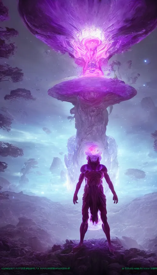 Image similar to a future scifi ancient god on the middle of a purple forest holding a portal that's about to explode, sweat drops, insane, highly detailed, smooth, sharp focus, Unreal Engine 5, 8K, art by Akira Toriyama