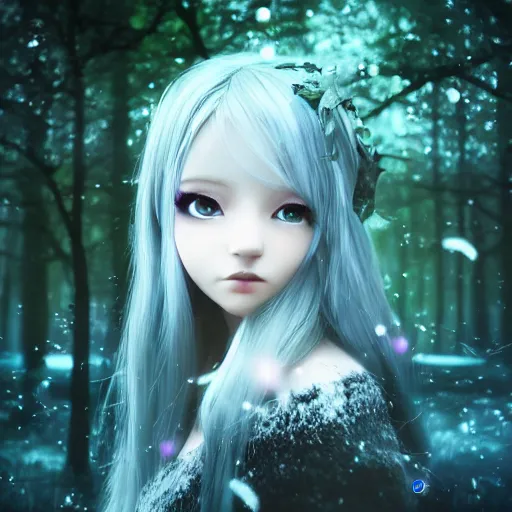 Image similar to focus portrait of beautiful darkness witch 3D anime girl, dark forest background, snowing, bokeh, inspired by Tim Burton, digital painting, unreal engine render, volumetric light, high détail