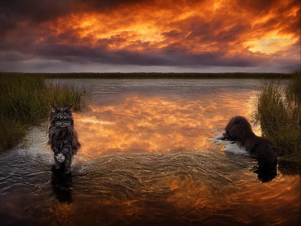 Image similar to amazing landscape photo of a maine coon bathing in a lake in sunset by marc adamus, beautiful dramatic lighting