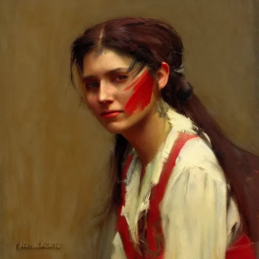 Image similar to Solomon Joseph Solomon and Richard Schmid and Jeremy Lipking victorian genre painting portrait painting of a happy young beautiful woman traditional american indian actress model old west character in fantasy costume, red background