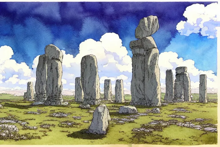 Image similar to hyperrealist studio ghibli watercolor fantasy concept art of a giant hand holding a stone extending from the sky to the ground above stonehenge. by rebecca guay, michael kaluta, charles vess