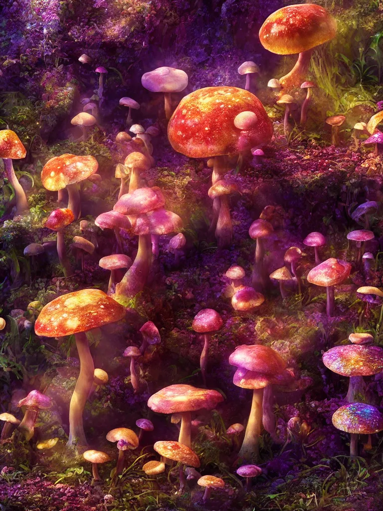 Image similar to a psychedelic engine creates mushrooms while fairy's dance in delight, by brian froud, octane render, 8 k, beautifully lit