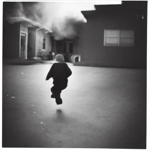 Prompt: child running, away from a house fire, kodak tri-x style, portrait, moody lighting