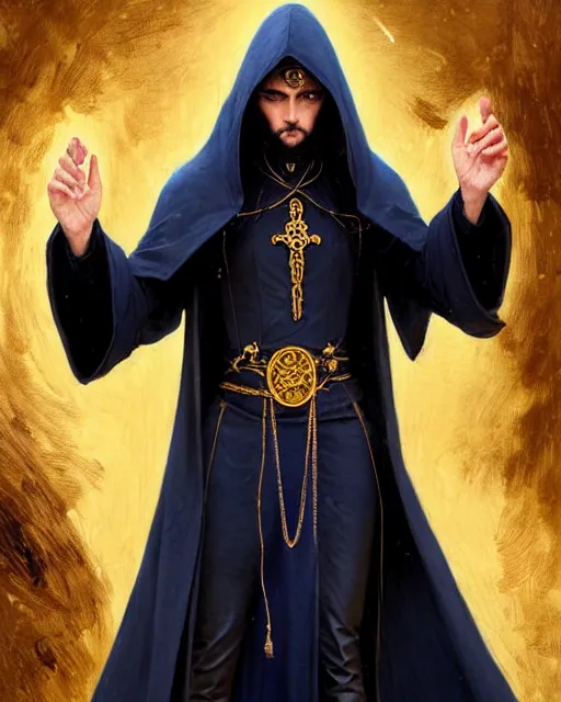 Prompt: handsome mage meditating holding a tellurion!, long black hair blue eyes wearing leather mantle gothic navy cloak with gold details, cliffside town, fantasy character portrait, hyperrealism, concept art, intricate details, highly detailed by greg rutkowski, ilya kuvshinov, gaston bussiere, craig mullins, simon bisley