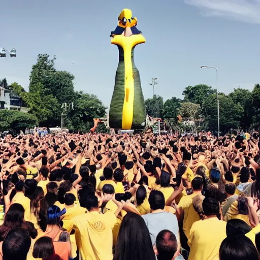 Image similar to a crowd of people worshipping a giant banana